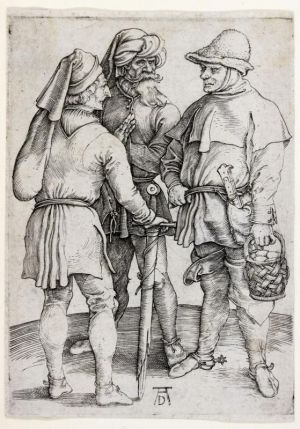 Schaubild 3: Albrecht Dürer, 1497, links ein Handwerker, verbotenerweise mit Schwert, rechts ein typisch bäuerlich gekleideter Mann, ebenfalls unüblich mit Sporen, – Aufständische? 'Karst', 1520